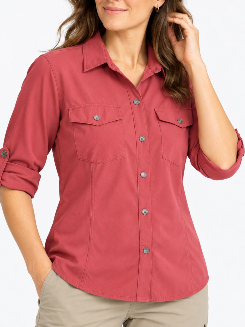 Eddie Bauer Women’s Button-Front Utility Hiking Travey Shirt - Dusty Rose Medium